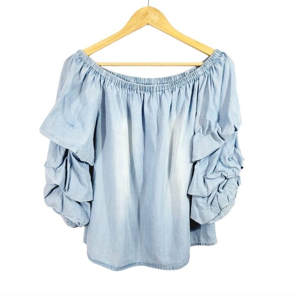 Distressed Chambray Off The Shoulder Tiered Balloon Sleeve Top in Light Blue - Picture 3 of 10